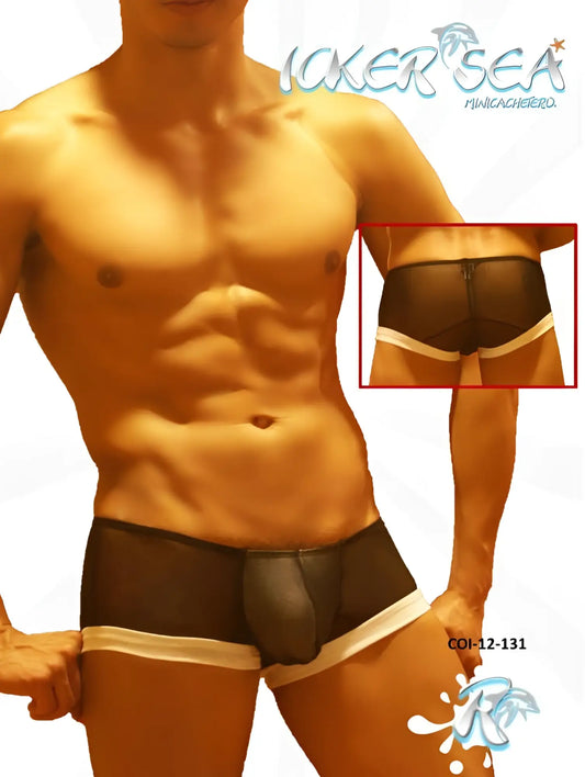 Icker Sea black mesh mini boxer briefs with white trim and central black leather-like pouch for men