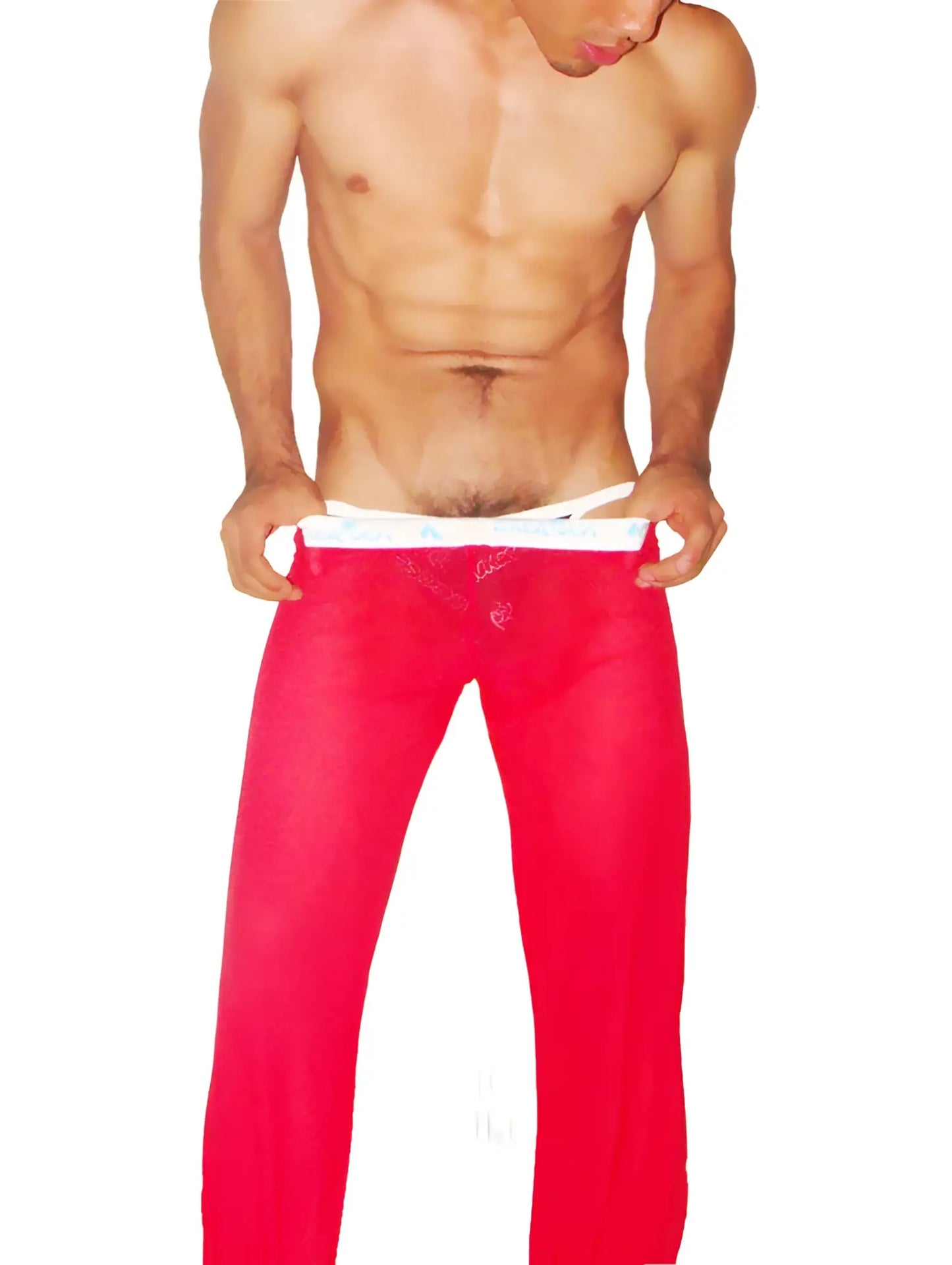 Icker sea mesh lougewear pants red feature bright red sheer fabric with a white waistband for comfortable wear