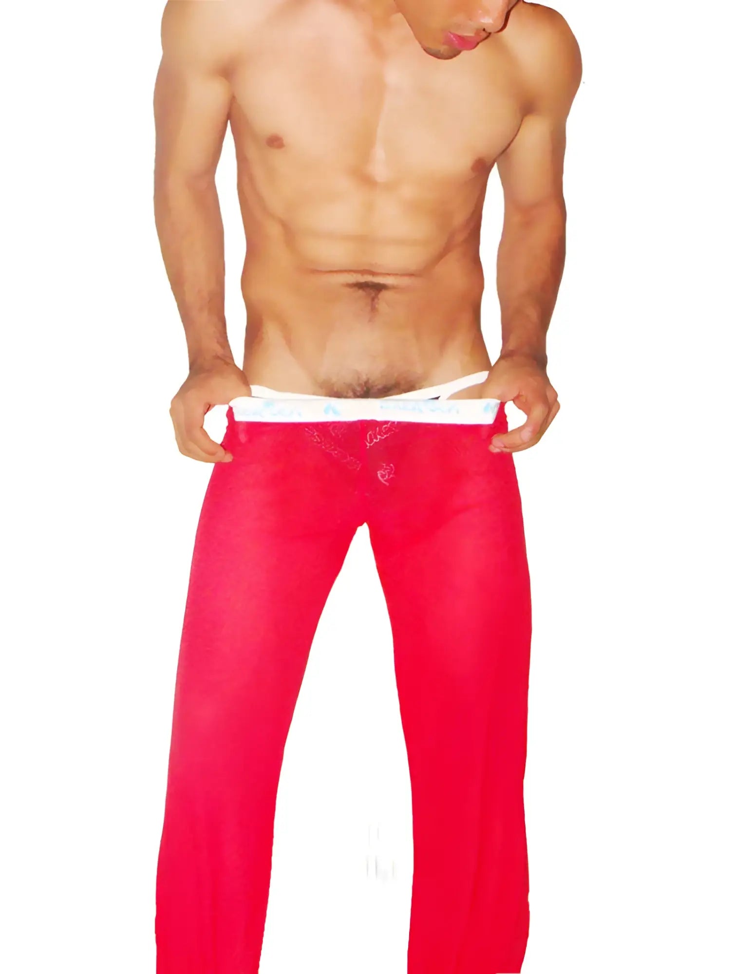 Icker sea mesh lougewear pants red feature bright red sheer fabric with a white waistband for comfortable wear
