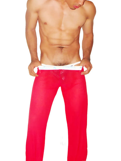 Icker sea mesh lougewear pants red feature bright red sheer fabric with a white waistband for comfortable wear