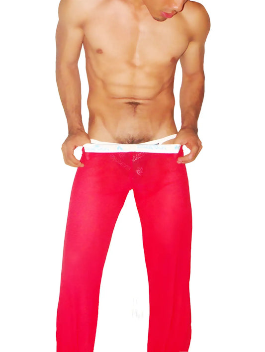 Icker sea mesh lougewear pants red feature bright red sheer fabric with a white waistband for comfortable wear