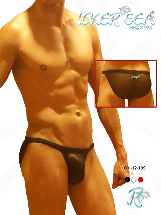 Black sheer micro-lip Icker Sea mesh microslip bikini underwear with subtle brand logo on waistband