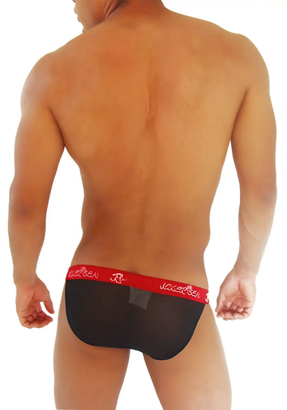 Black mesh microslip bikini briefs with red waistband and white jacketeer branding in icker sea collection