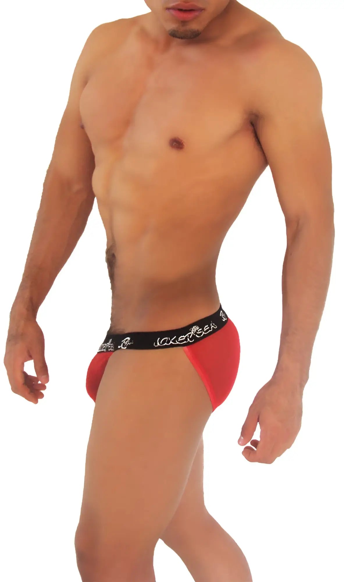 Icker sea mesh microslip bikini underwear in red with black waistband featuring white lettering and decorative patterns
