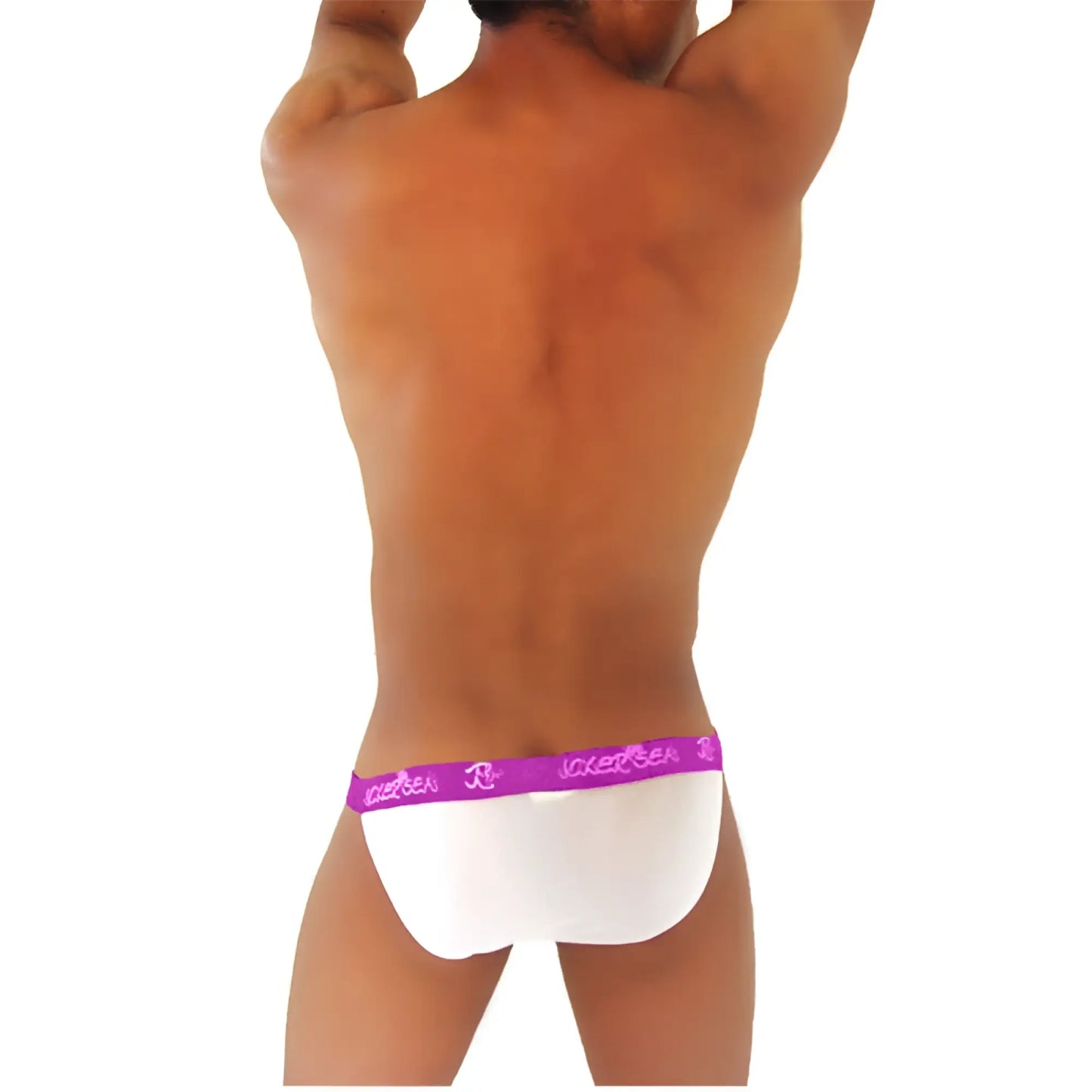 White mesh icker sea microslip bikini underwear with purple elastic waistband and white jakersea logo