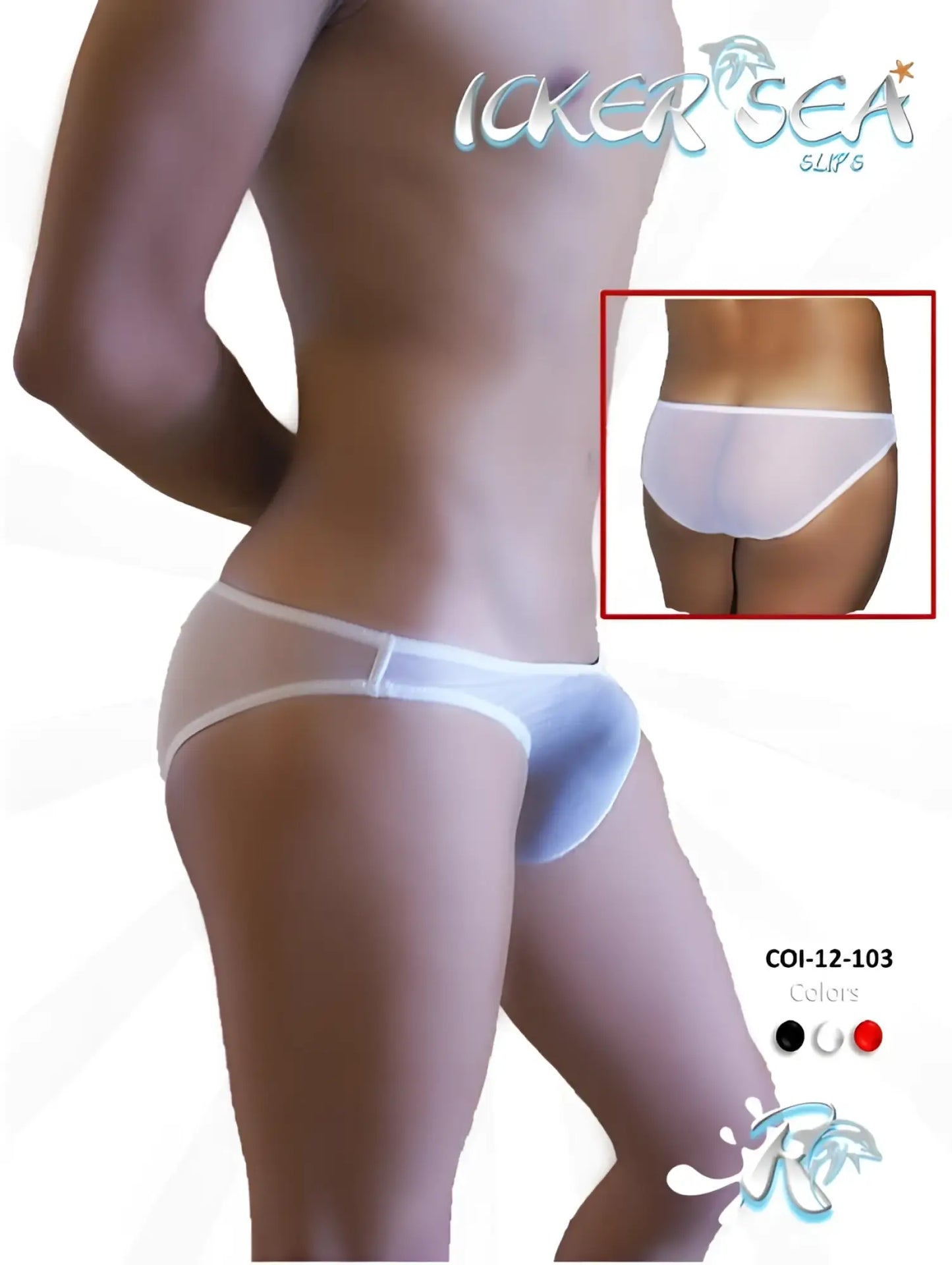Icker Sea mesh slip bikini underwear white with sheer mesh, solid white waistband, and light blue accent panel