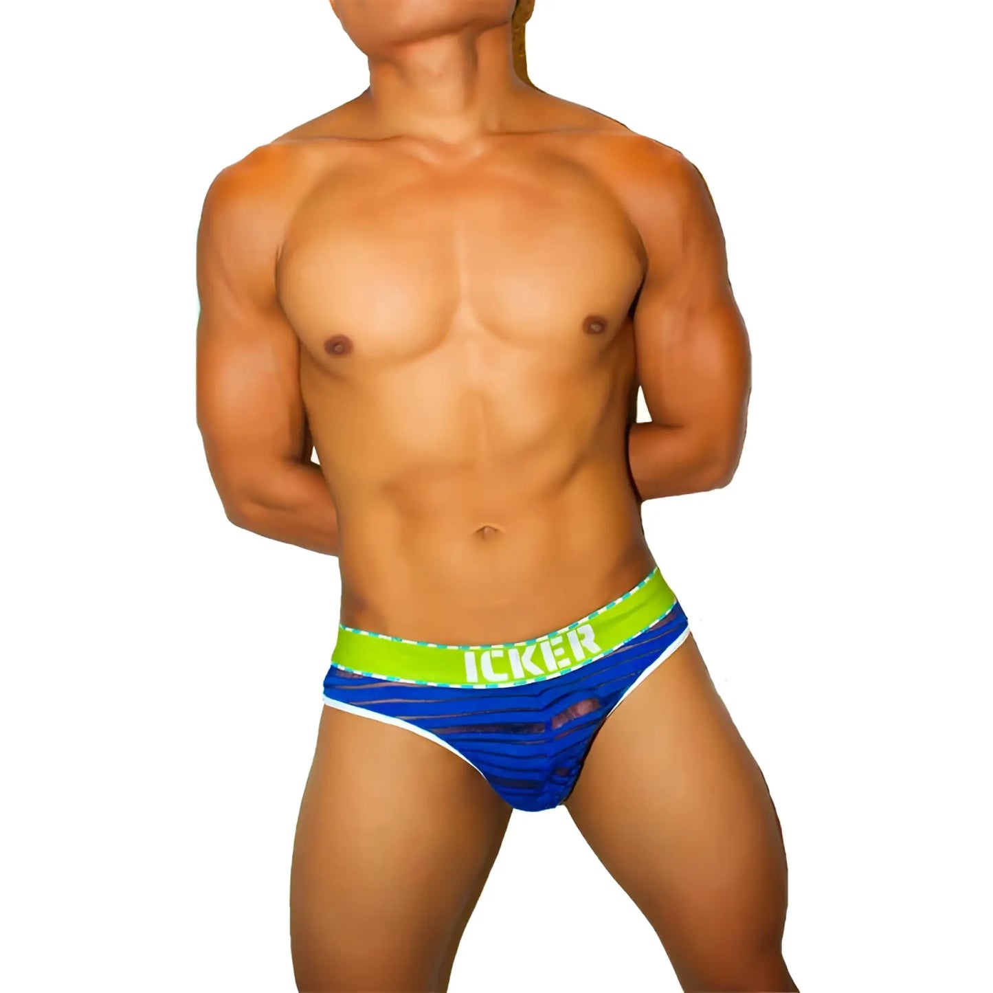 Icker Sea Mesh Stripe thong underwear in blue with neon green stripes white trim and icker waistband branding