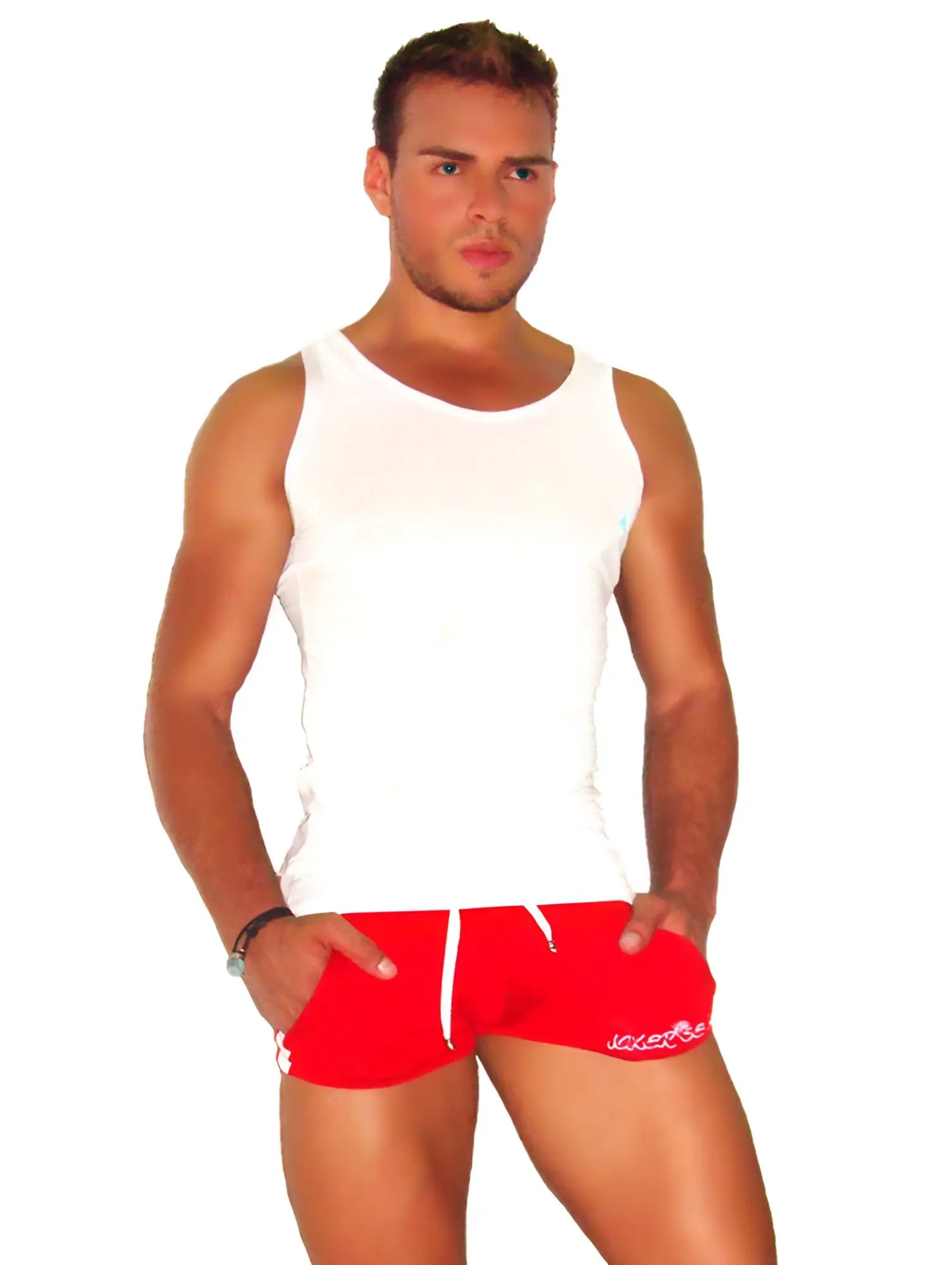 Icker sea mesh tank top white with red athletic shorts featuring white drawstrings and a subtle side logo