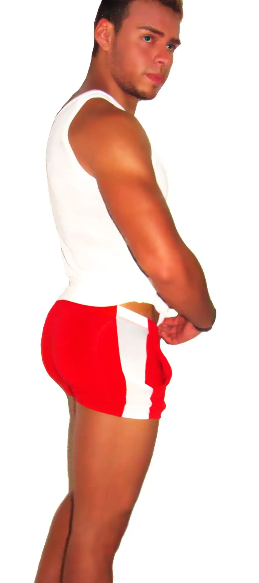 Red and white athletic shorts with bold vertical stripe paired with icker sea mesh tank top tshirt white mesh fabric