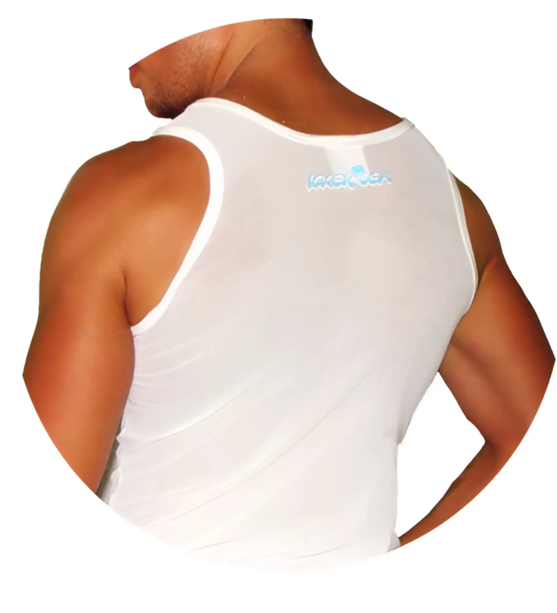 White mesh tank top with a subtle blue logo on the back from icker sea mesh tank top t shirt white ts 14 msw 01
