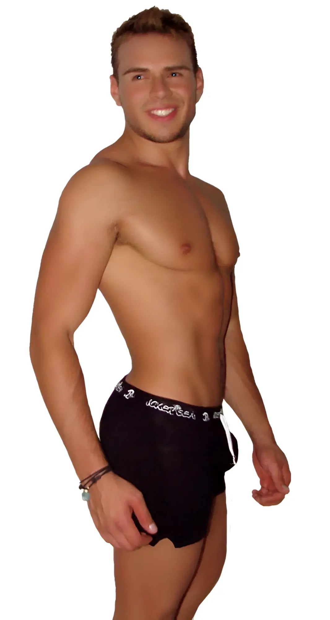 Black men’s boxer briefs icker sea runner side slit shorts with white embroidered logo and waistband trim
