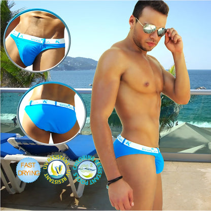 Bright blue icker sea sailor belted logo slip bikini swimwear with white elastic waistband and brand logo visible