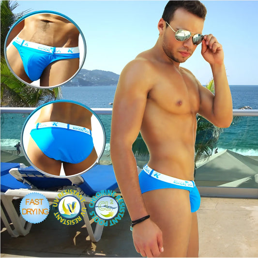 Bright blue icker sea sailor belted logo slip bikini swimwear with white elastic waistband and brand logo visible