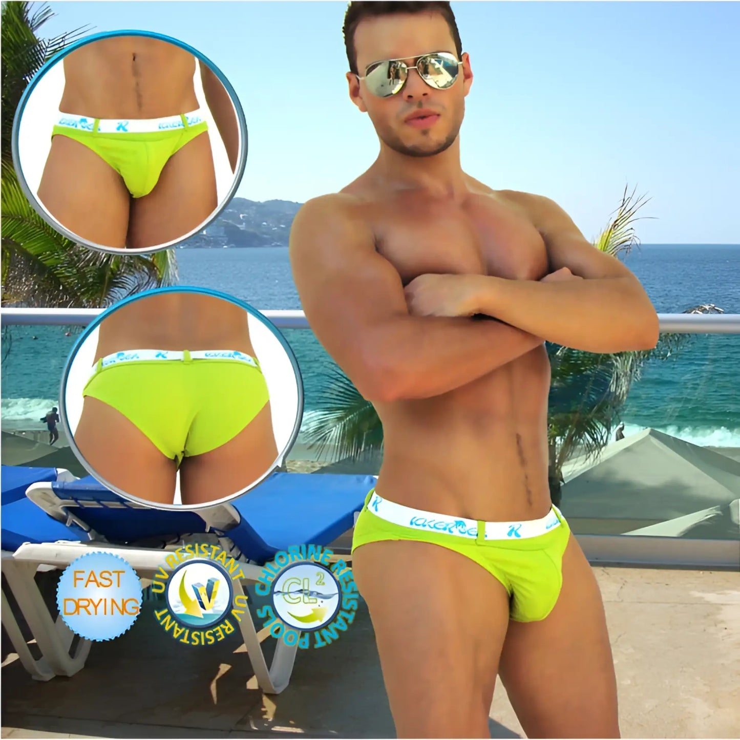 Bright neon green icker sea sailor belted logo slip bikini swim trunks with white elastic waistband and blue black branding
