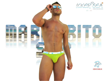 Icker sea sailor belted logo slip bikini swimwear featuring bright neon green swim trunks with a white elastic waistband