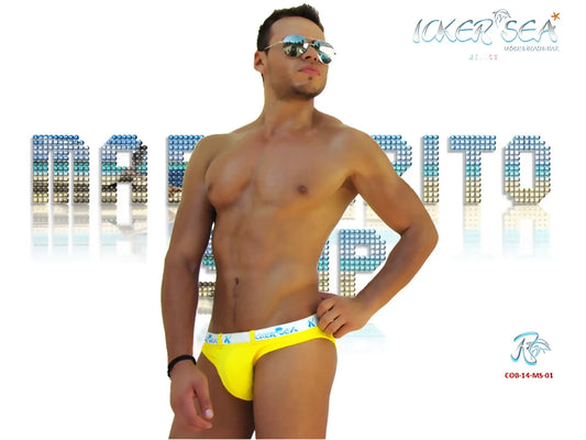 Bright yellow icker sea sailor belted logo slip bikini swimwear with white waistband for beachwear use