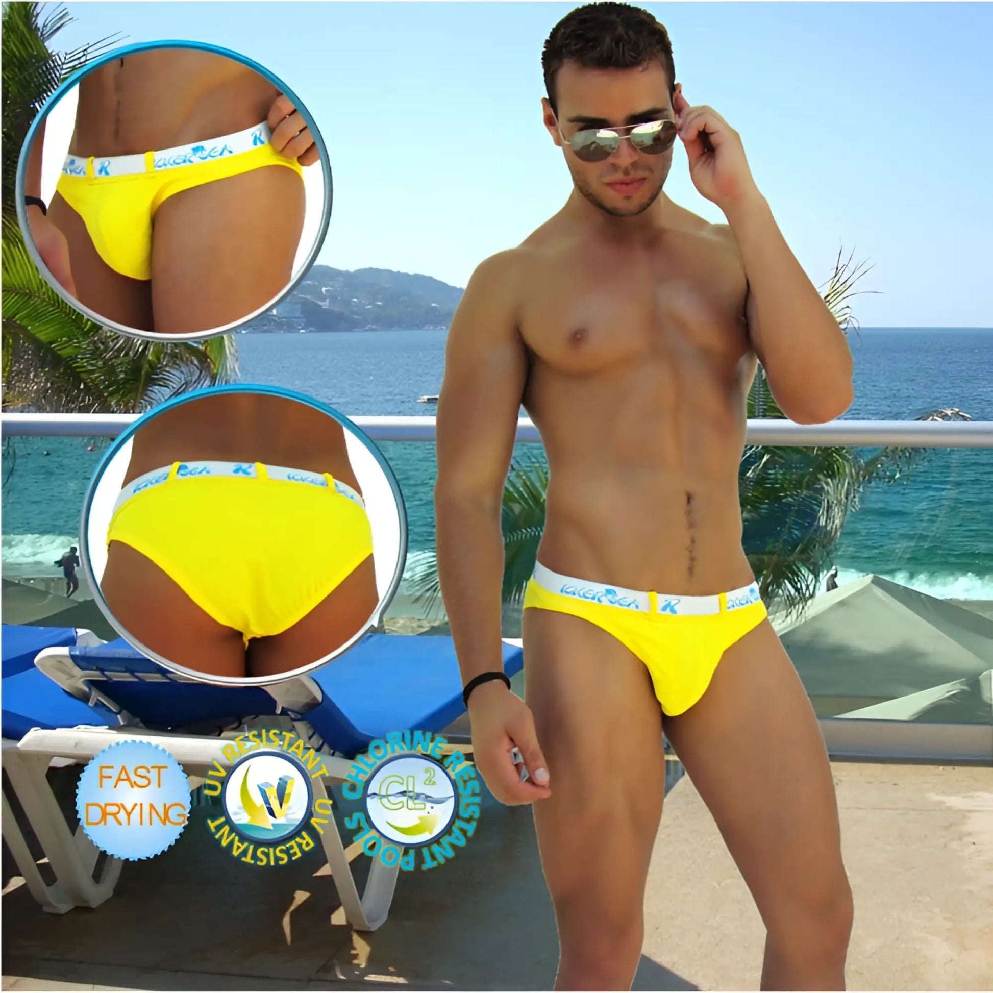 Bright yellow icker sea sailor belted logo slip bikini swim trunks with white elastic waistband and blue craze logo