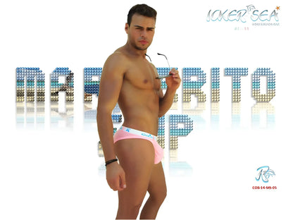 Icker sea sailor belted logo slip bikini swimwear pink mens briefs with light blue trim and waistband logo