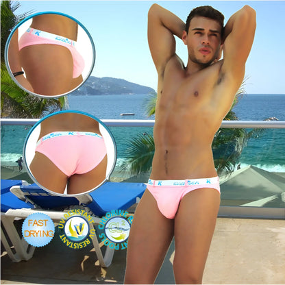 Pink icker sea sailor belted logo slip bikini swimwear briefs with white elastic waistband and repeating k logo