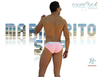 Pink briefs with white waistband featuring icker sea sailor belted logo slip bikini swimwear in pink and white