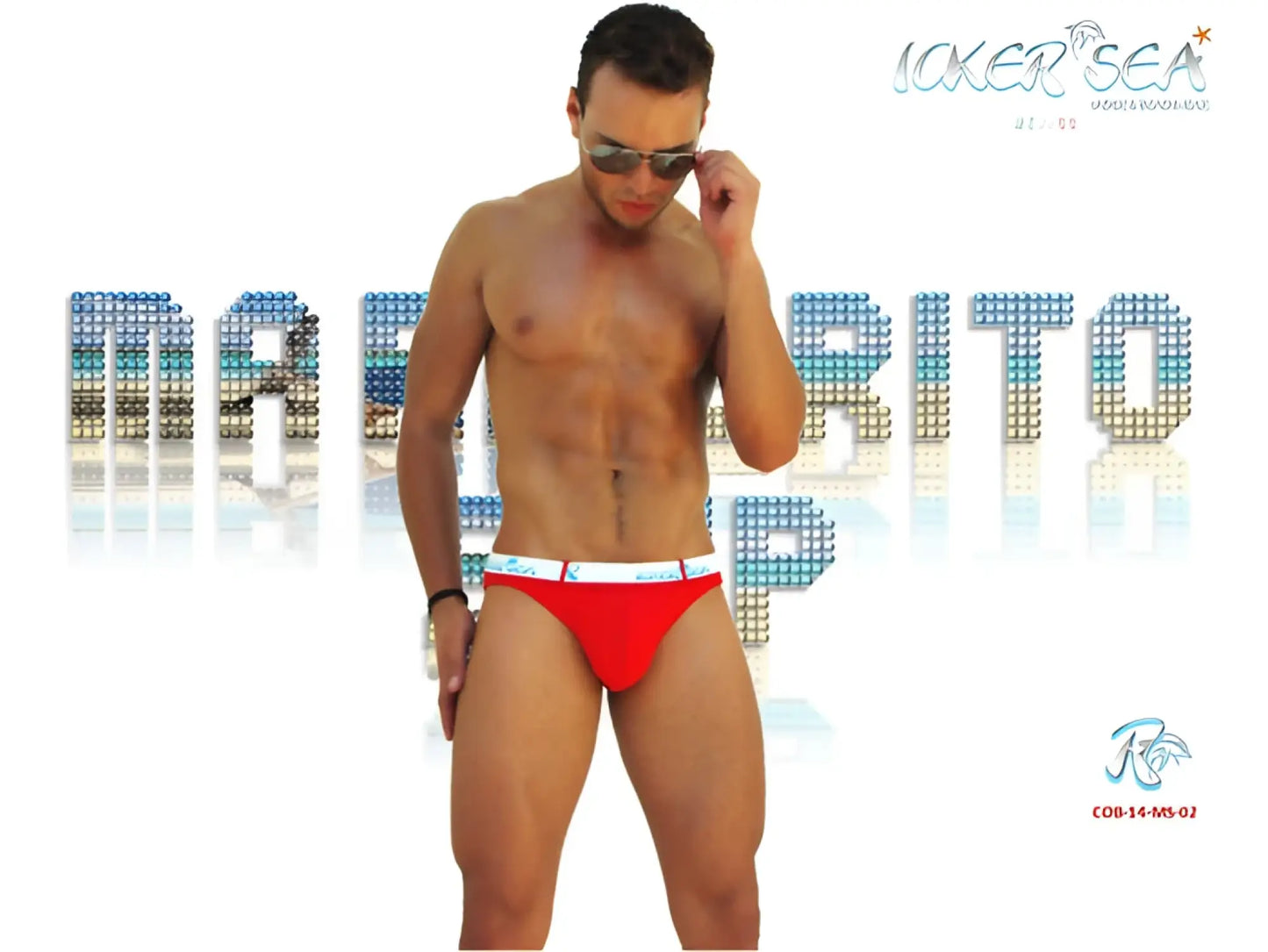 Icker Sea sailor belted logo slip bikini swimwear in red with white waistband and small logo on red men’s briefs