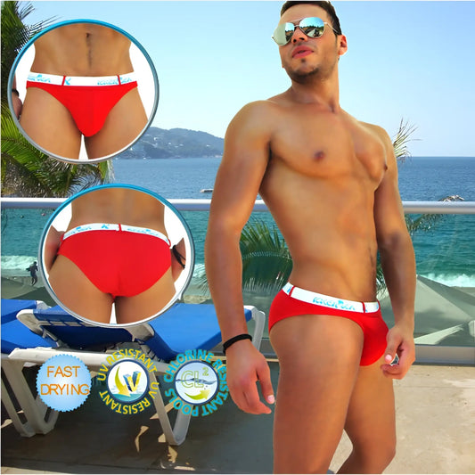 Red men’s swim trunks with white elastic waistband and kensington logo in icker sea sailor belted logo slip bikini style
