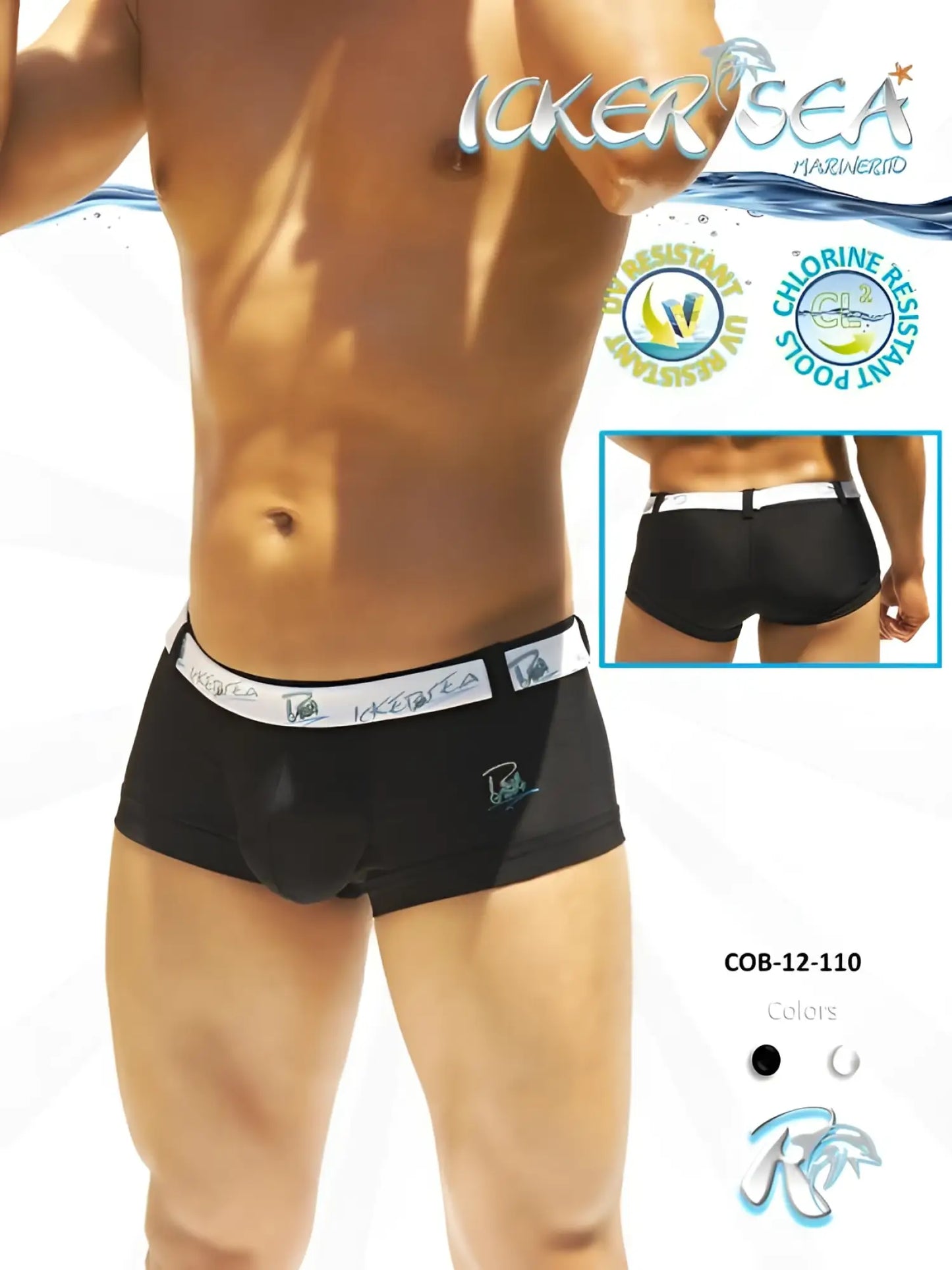 Black icker sea belted logo square cut swim trunks with white elastic waistband made for chlorine-resistant use