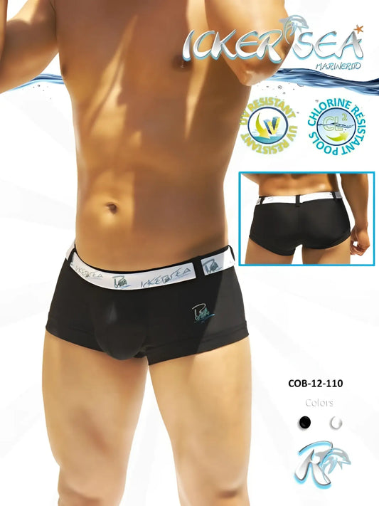 Black icker sea belted logo square cut swim trunks with white elastic waistband made for chlorine-resistant use
