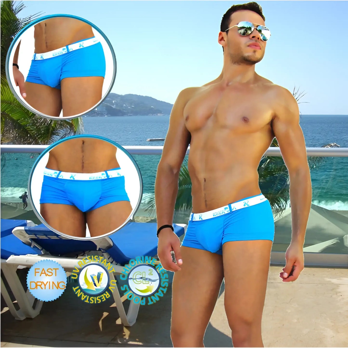Icker Sea Sailor belted logo square cut trunk swimwear in bright blue with white elastic waistband and subtle logo pattern