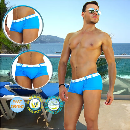 Icker Sea Sailor belted logo square cut trunk swimwear in bright blue with white elastic waistband and subtle logo pattern