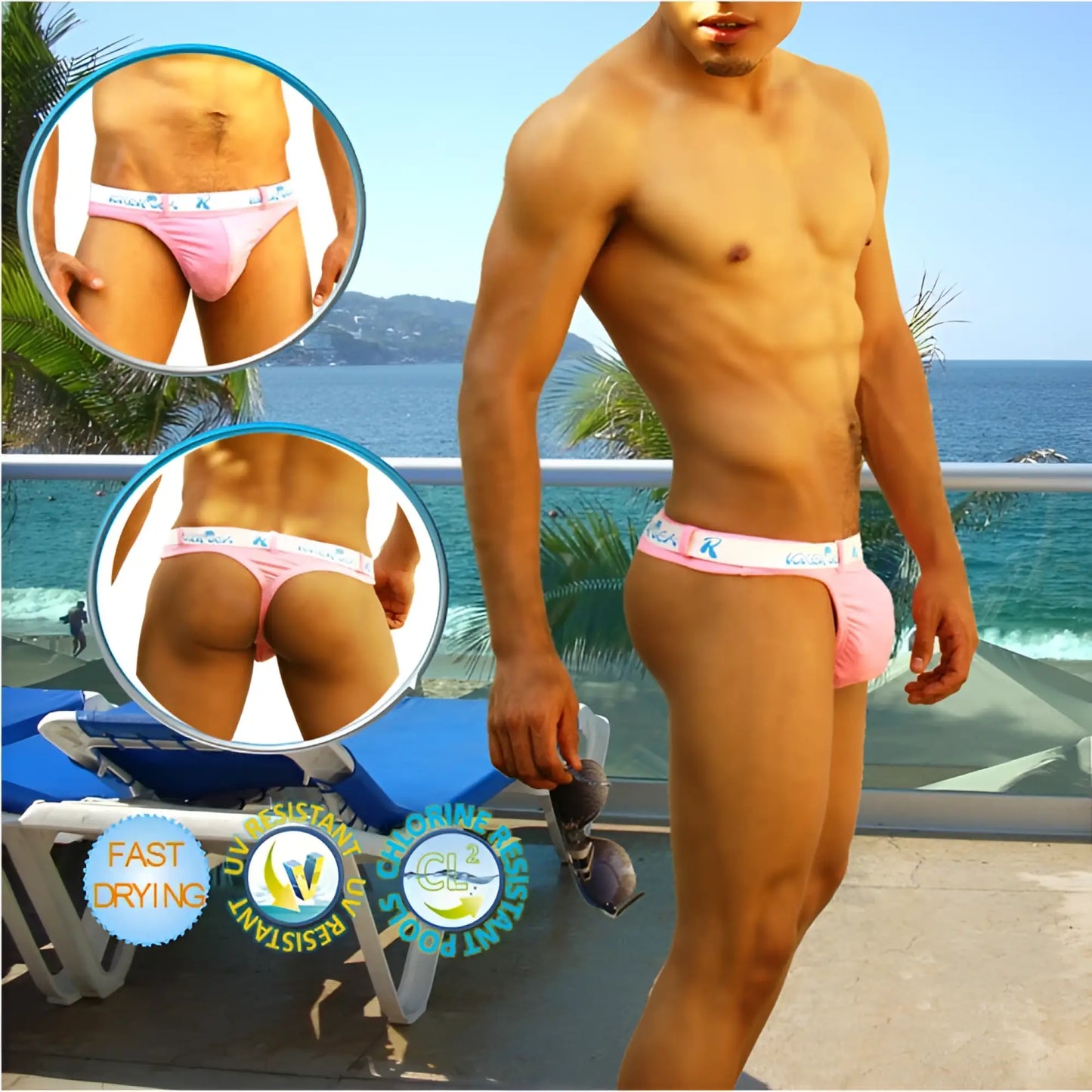 Icker Sea sailor belted logo tanga thong swimwear in pink with white waistband and blue black branding for men