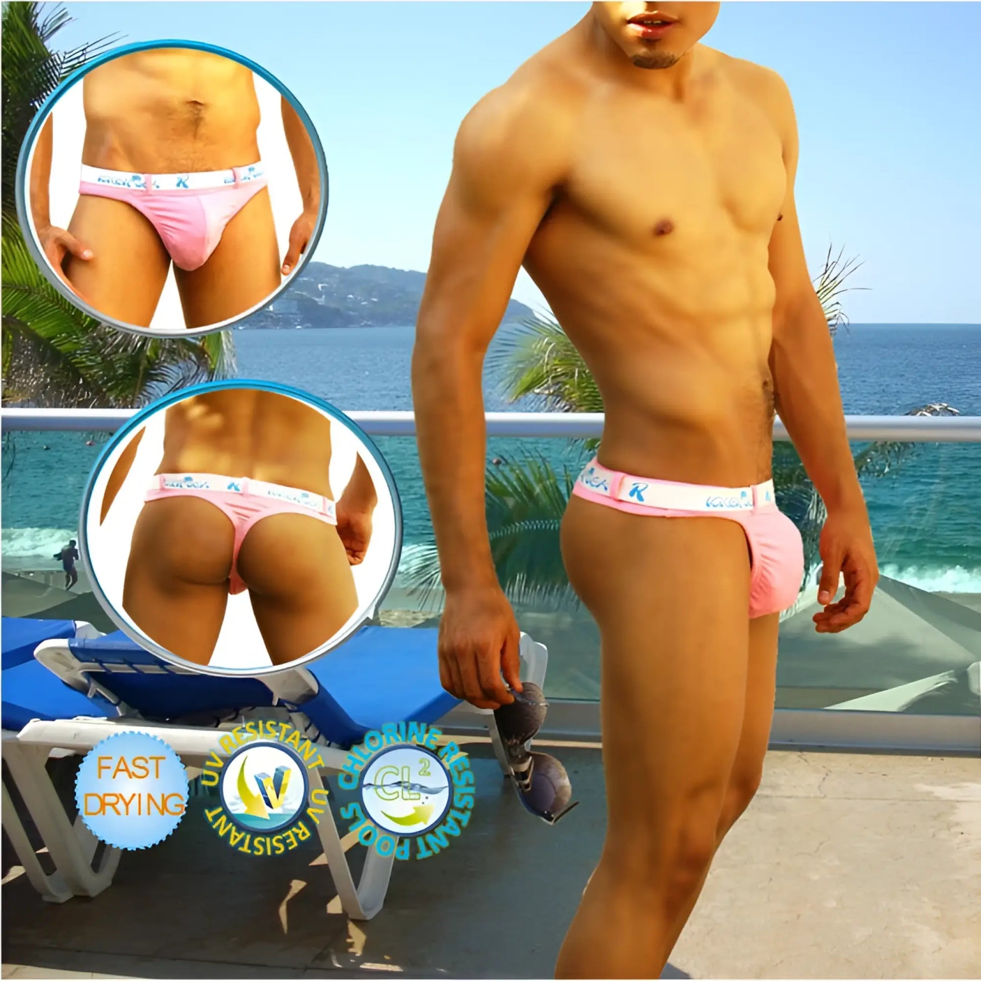 Icker Sea sailor belted logo tanga thong swimwear in pink with white waistband and blue black branding for men