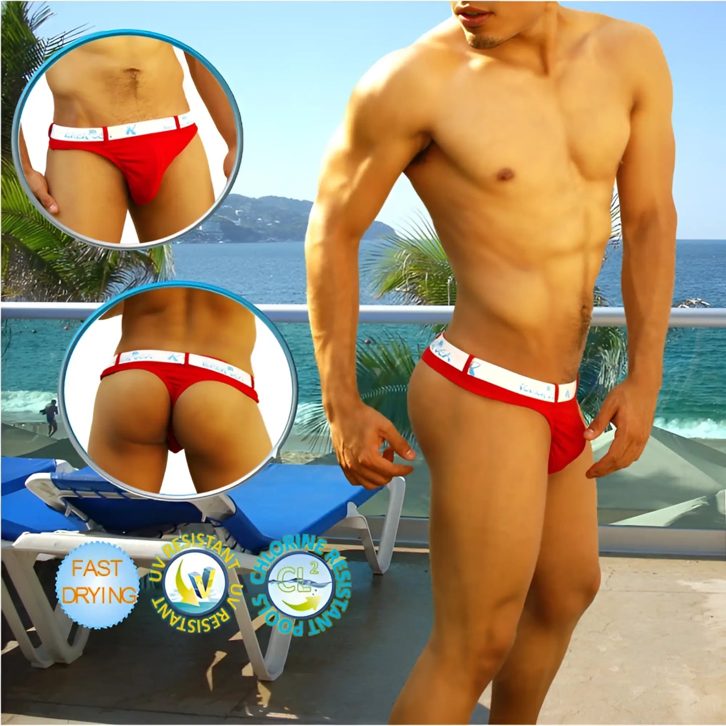 Red icker sea sailor belted logo tanga thong swimwear with white waistband and small logo for beachwear use