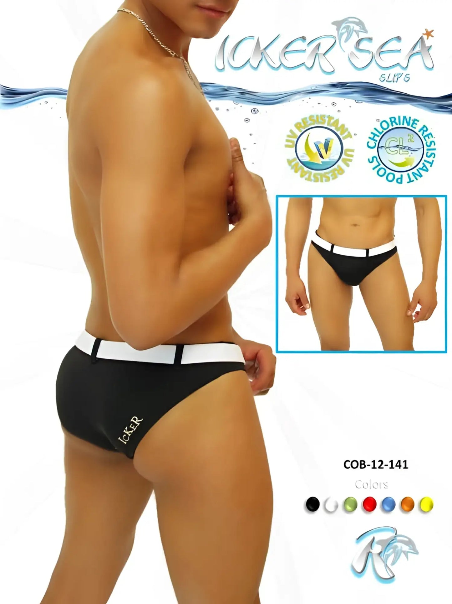Black men’s Icker Sea sailor belted slip bikini swim trunks in black with white waistband and embroidered logo on side