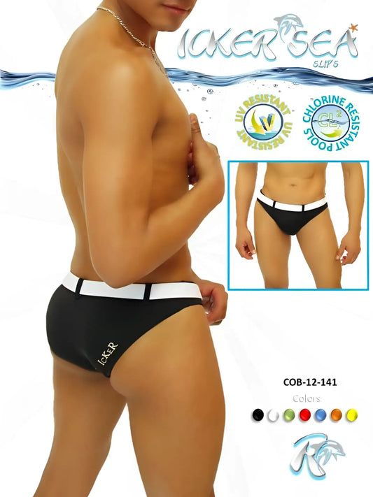 Black men’s Icker Sea sailor belted slip bikini swim trunks in black with white waistband and embroidered logo on side