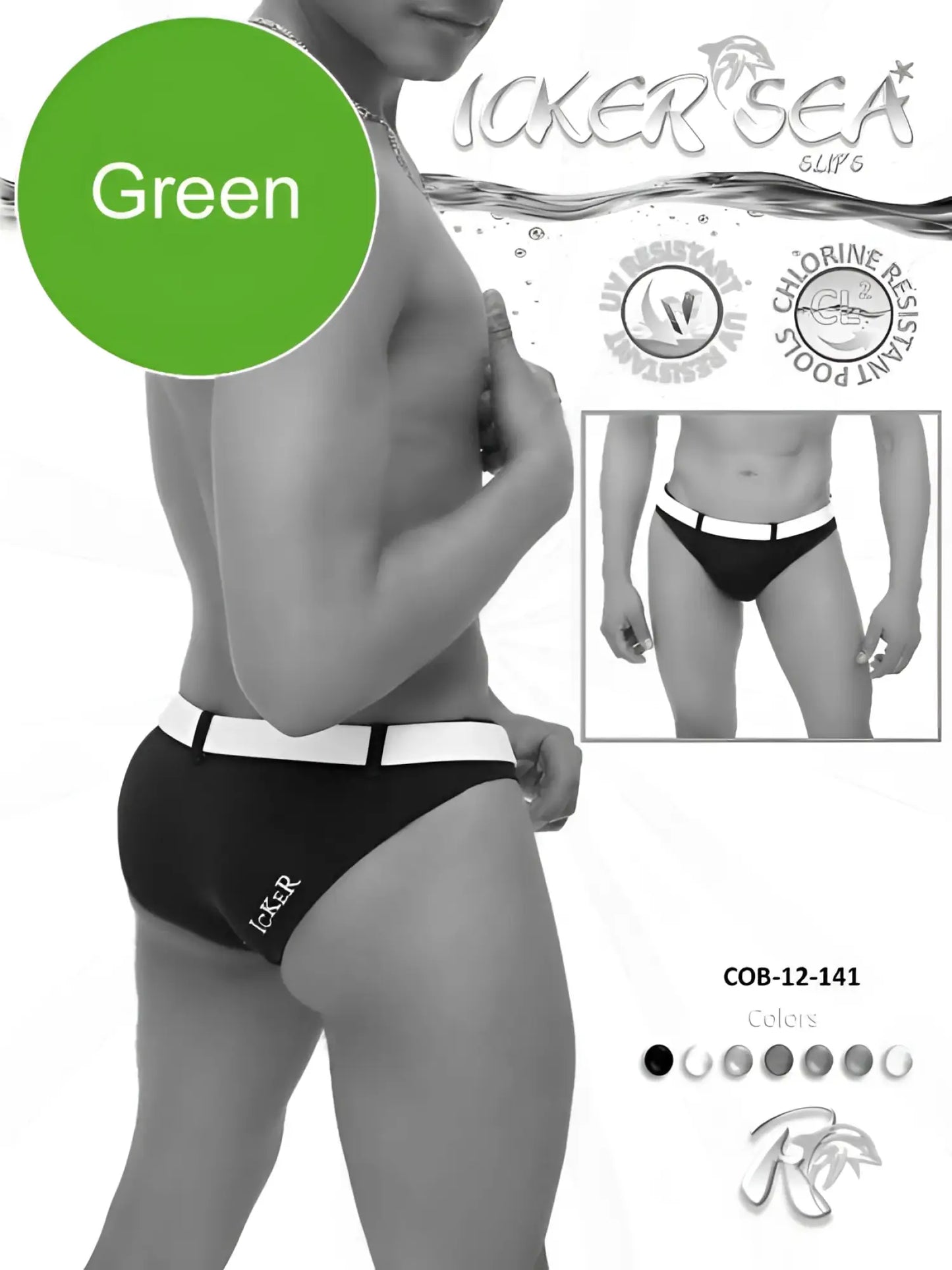 Black and white men’s swim trunks with white waistband and icker sea logo in icker sea sailor belted slip bikini swimwear green white cob-12-141