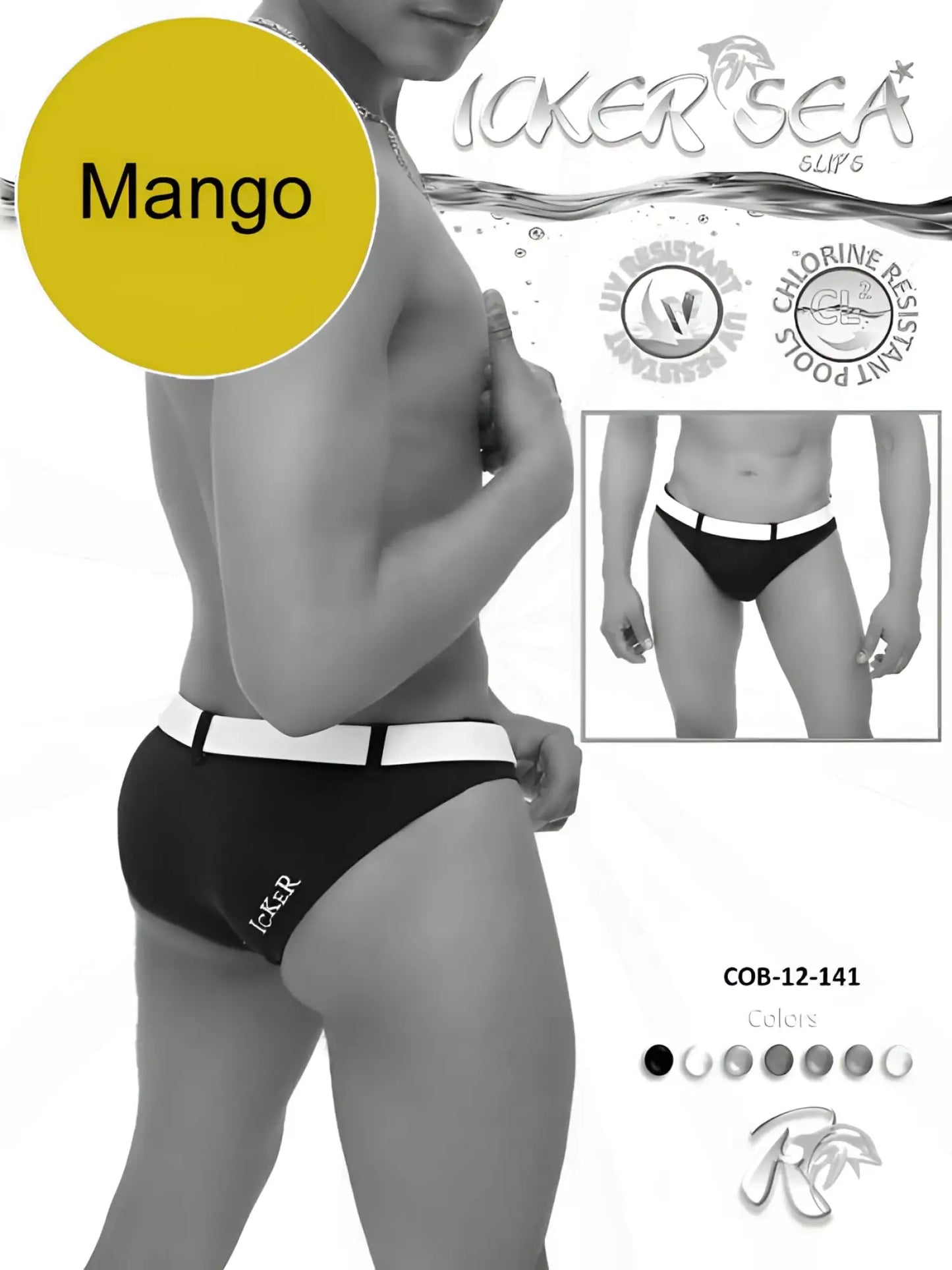 Black men’s Icker Sea Sailor belted bikini swim briefs in mango with white waistband chlorine-resistant for pool use