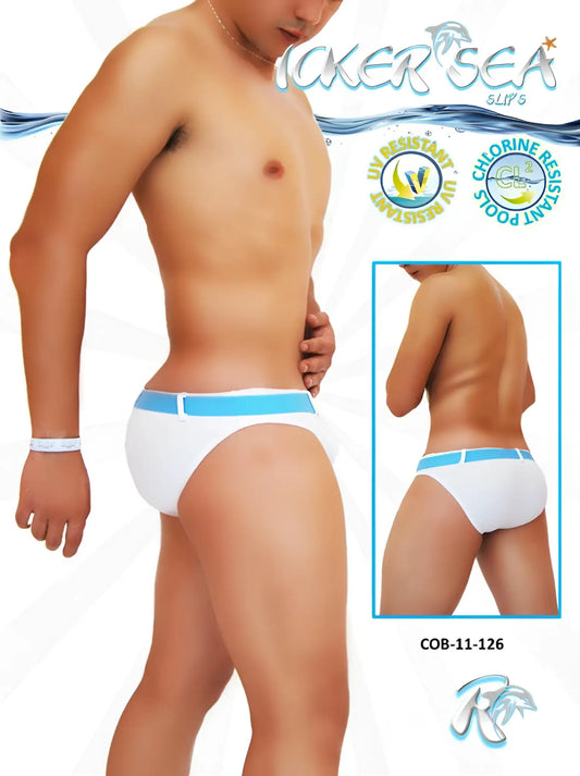 White swim trunks with a light blue waistband featuring the ticker sea brand logo and model number cob-11-126