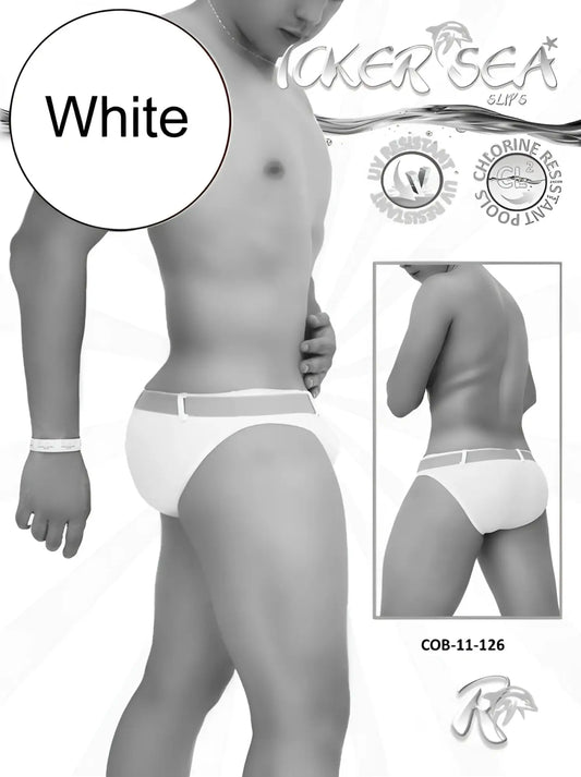White men’s swim trunks with gray waistband featuring vicker sea logo and chlorine-resistant design cob-11-126