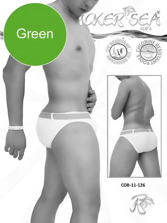 Green men’s swim trunks with white waistband and elasticized leg openings for beachwear by icker sea sailor