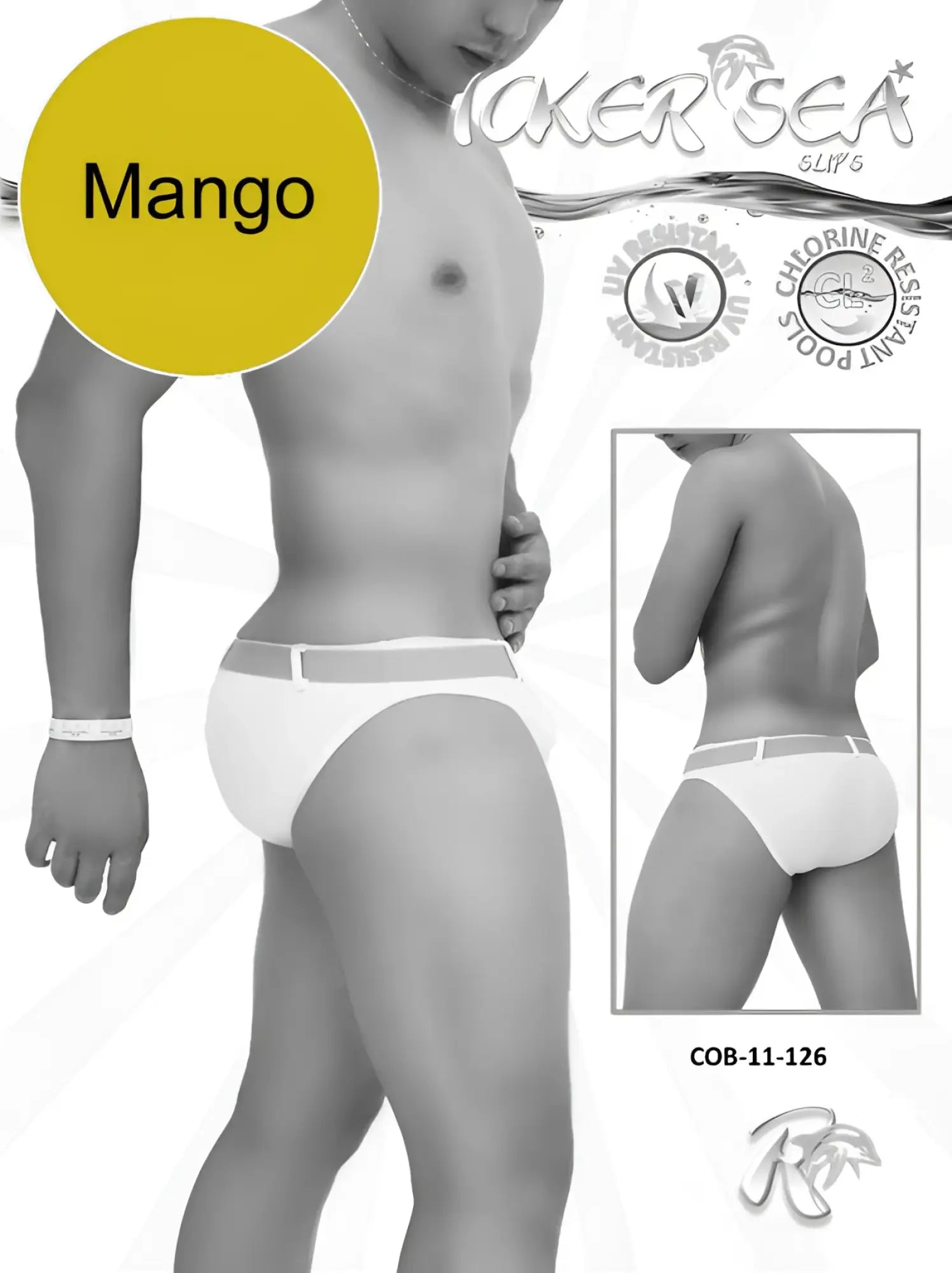 White men’s swim trunks with gray waistband and mango label designed for chlorine-resistant pools from icker sea