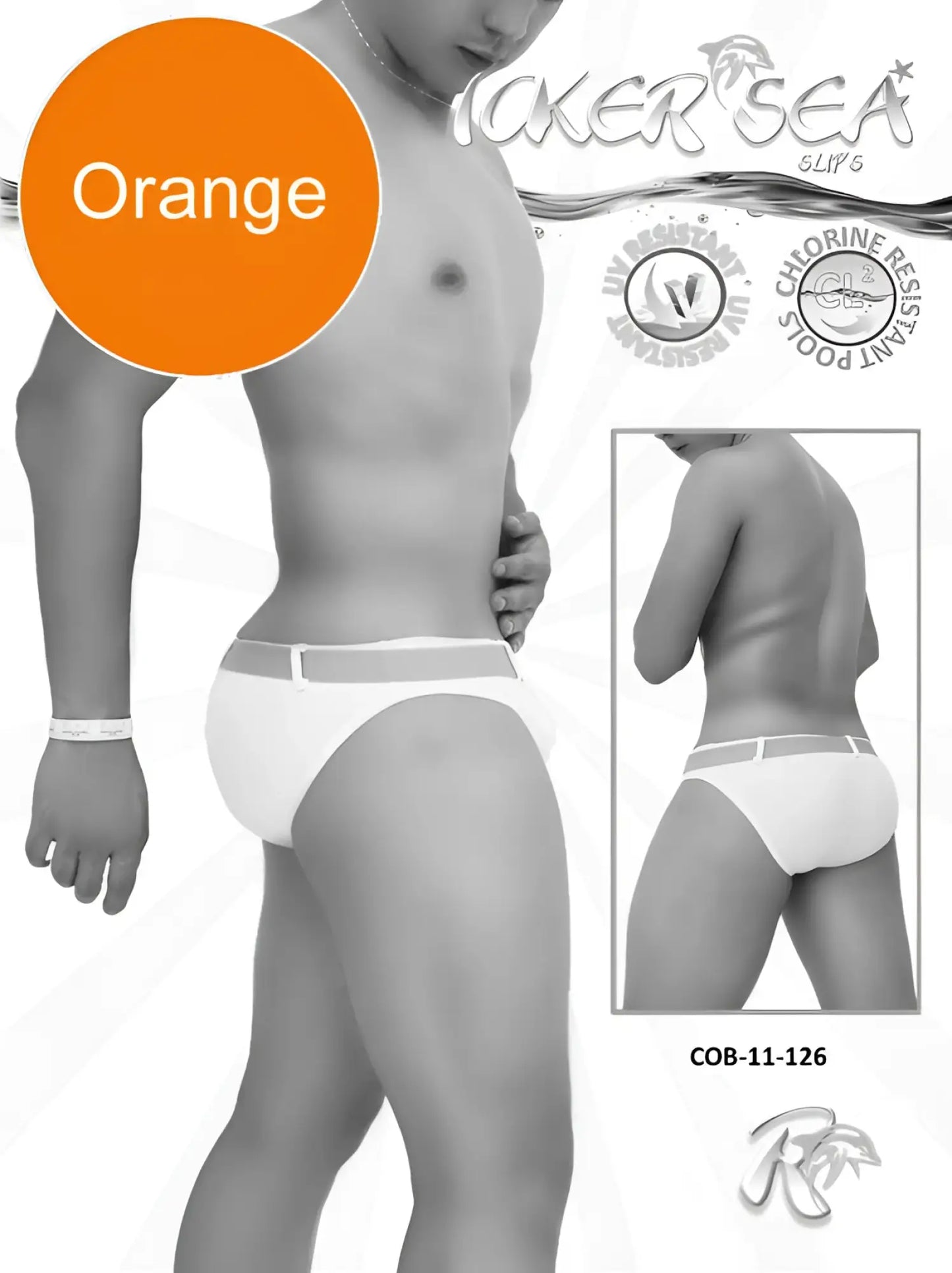 Orange icker sea sailor belted slip bikini swimwear with white waistband and side stripes for men