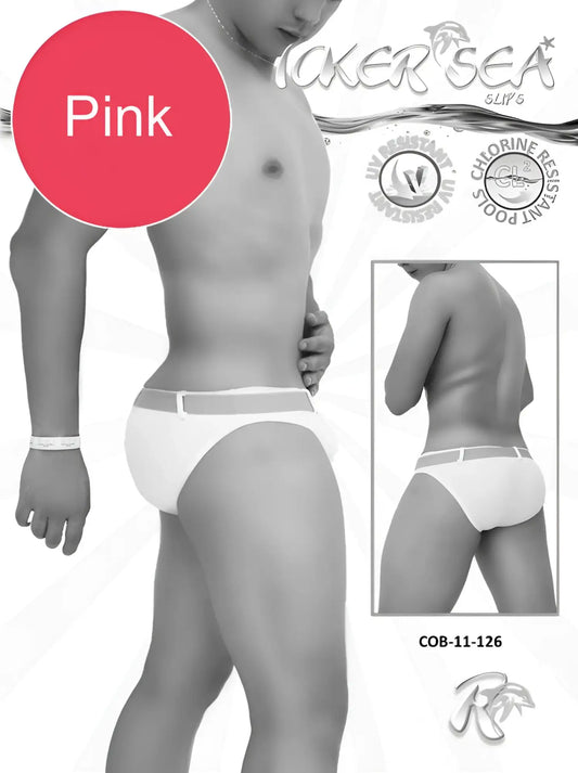 Pink men’s swim trunks with white waistband and elasticized leg openings from icker sea sailor belted slip bikini swimwear