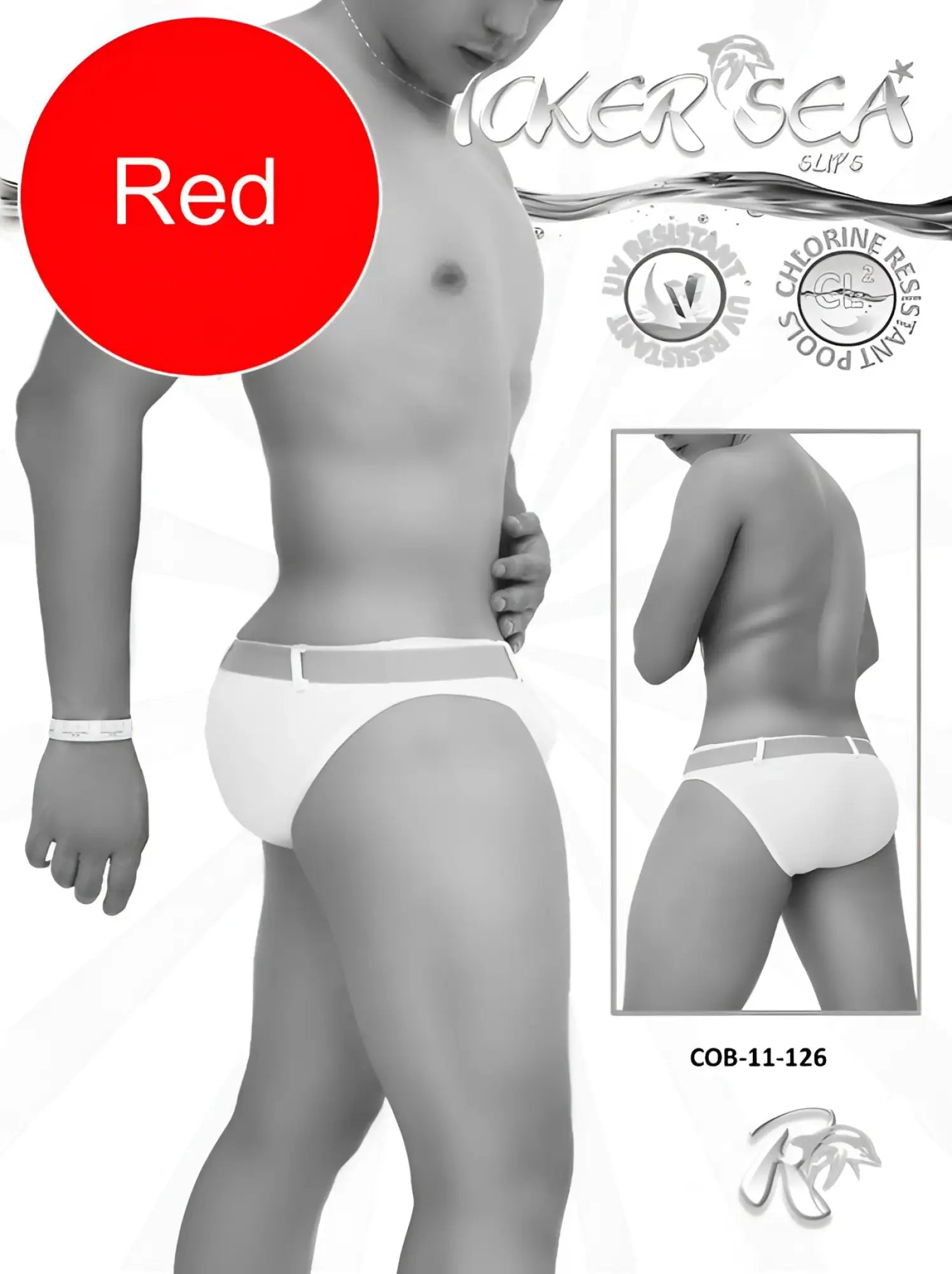 White men’s swim briefs with red waistband featuring ticker sea logo model cob-11-126 for beachwear