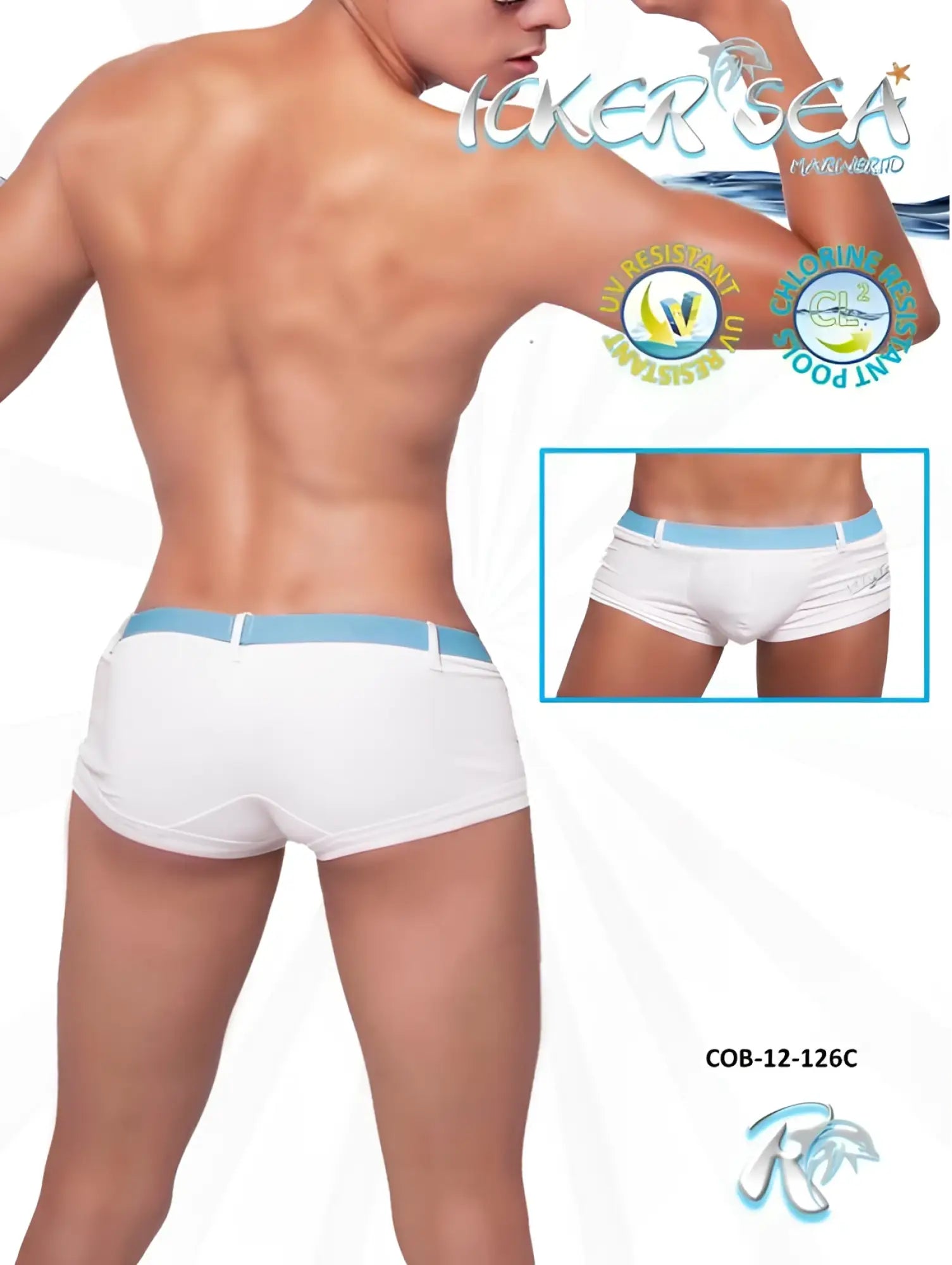 White icker sea sailor belted square cut trunk swimwear with light blue waistband and uv-resistant design