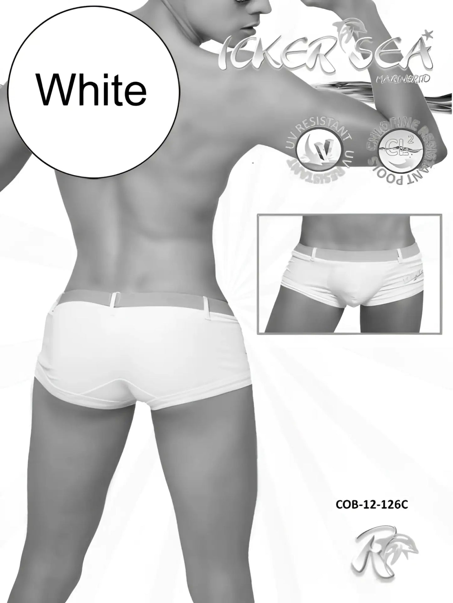Icker sea sailor belted square cut white swim trunks with sleek fitted design and elastic waistband for men