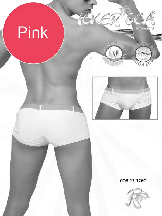 Pink icker sea sailor belted square cut trunk swimwear with white waistband and side stripes for men