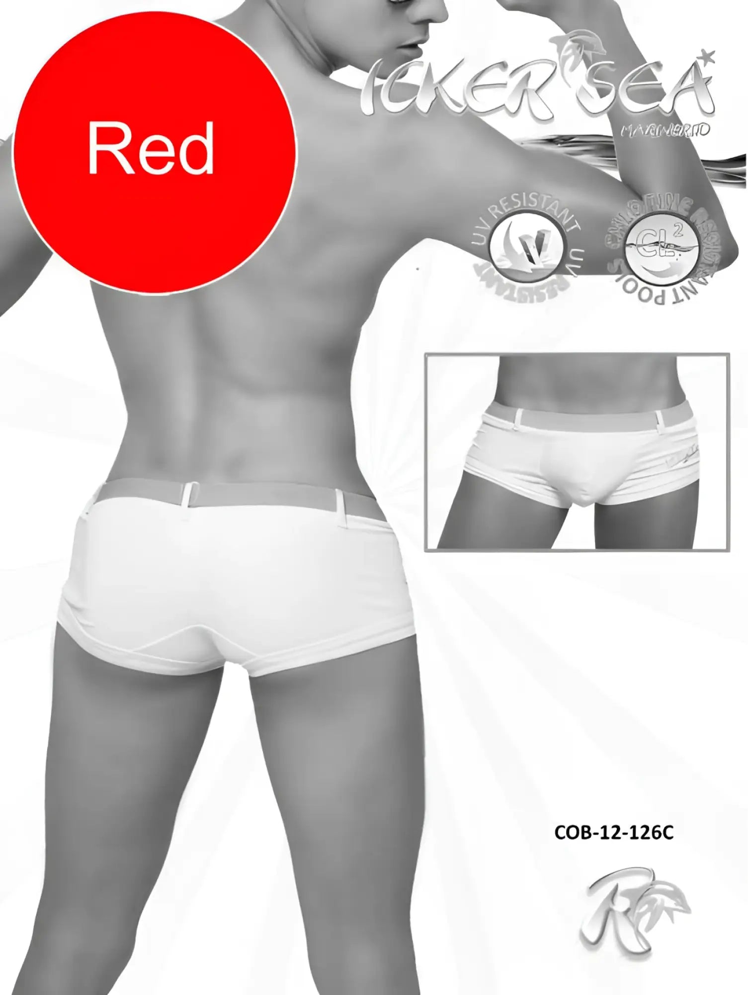 Red men’s icker sea sailor belted square cut swim trunks with white sleek design elastic waistband and side pockets