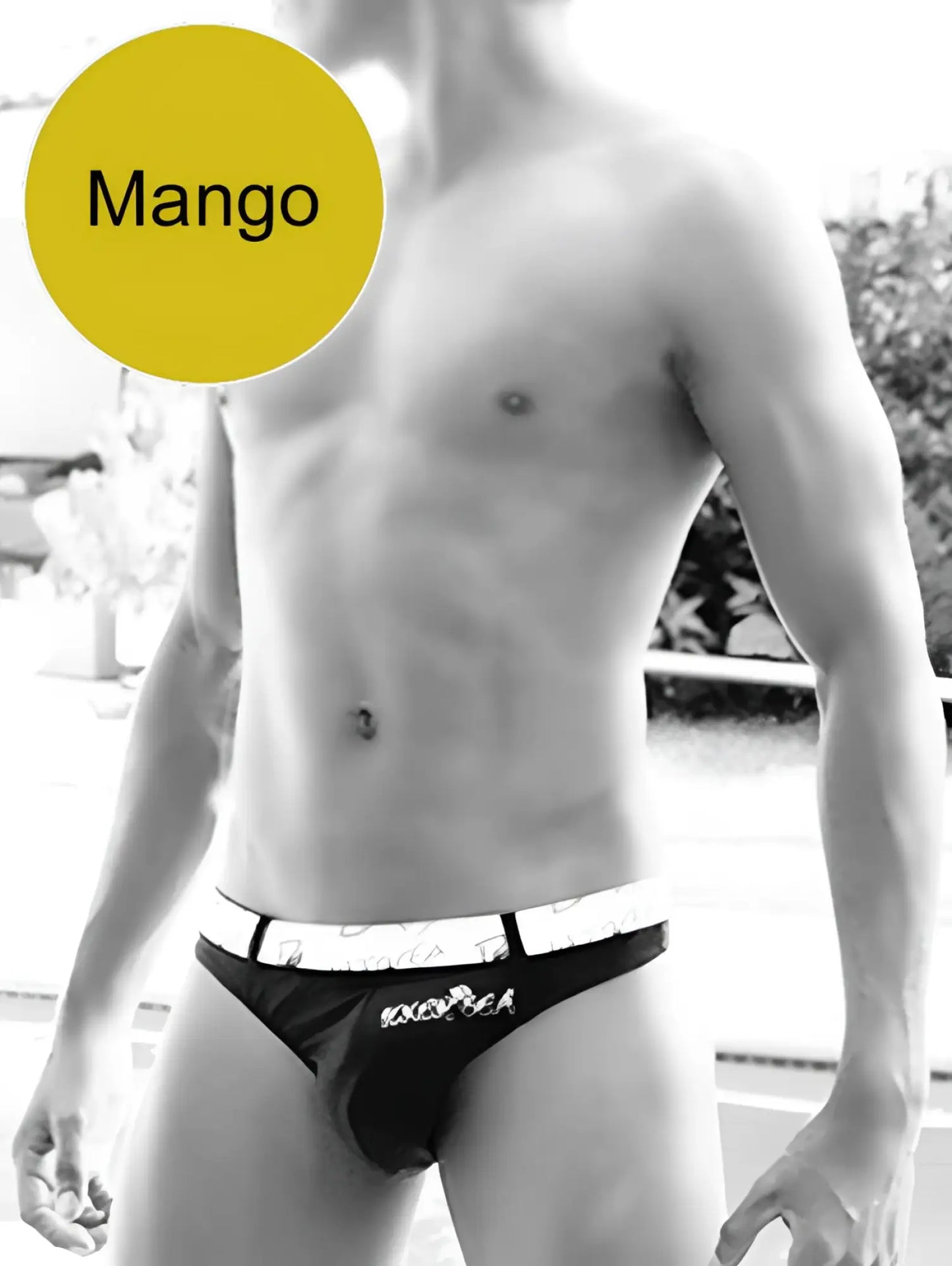 Black briefs with a white waistband featuring exotica logo in black lettering from icker sea sailor belted tanga thong swimwear