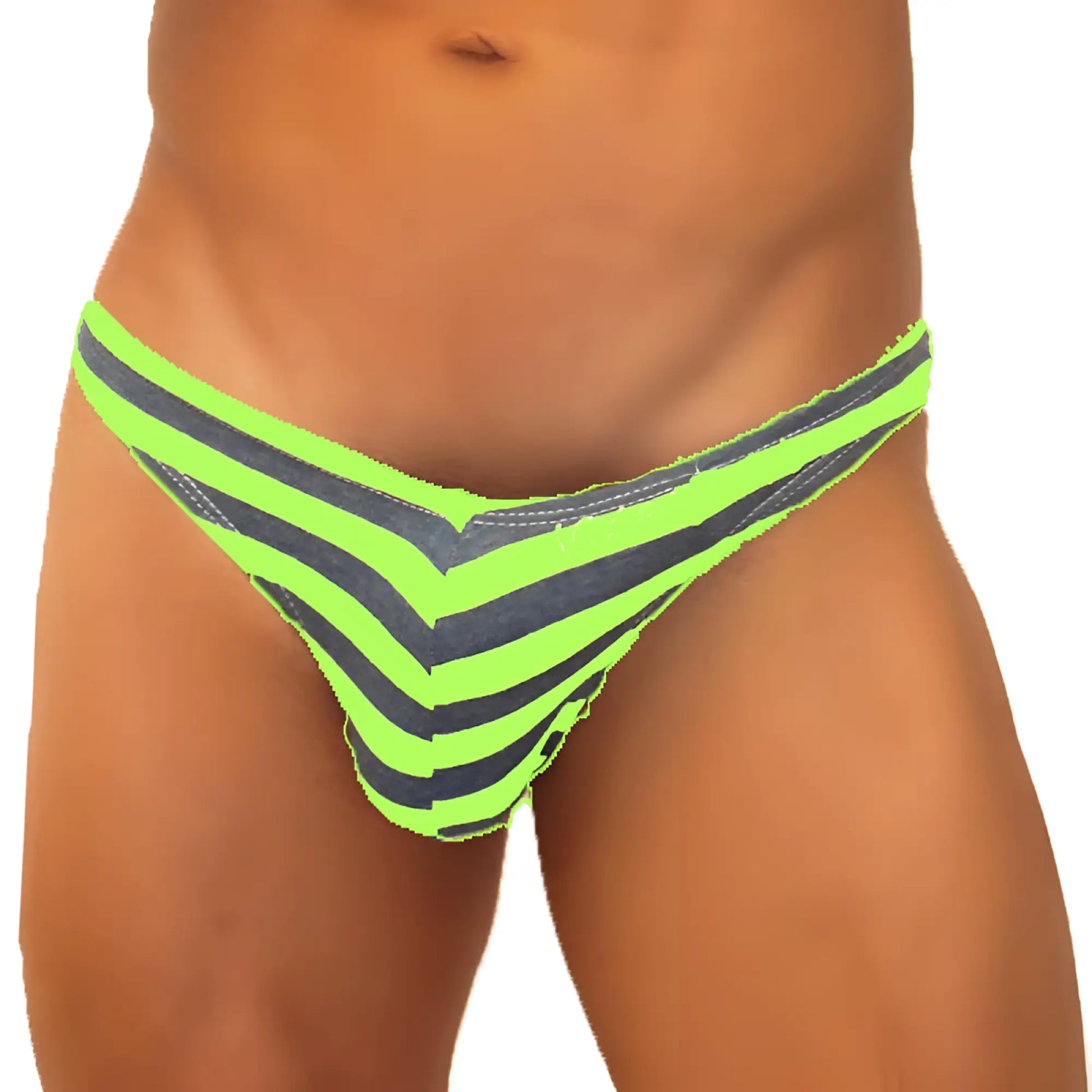 Ickler sea sailor stripe enhancement c-ring thong underwear green in bright neon green and dark gray denim-like fabric